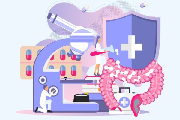 Jak flora bakteryjna jelit wpływa na twoje zdrowie rysunek laboratorium z dużym mikroskopem i jelitami
